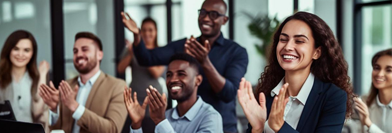 many people seen clapping there hands with a bright smile on there face at a office space